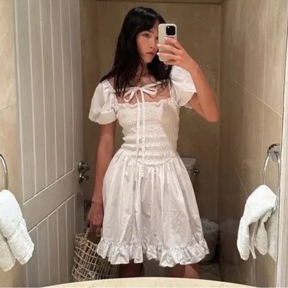 Sandy Liang Kleen White Smocked Puff
Sleeve Tie Front Mini Dress Sz 4 - Picture 3 of 16